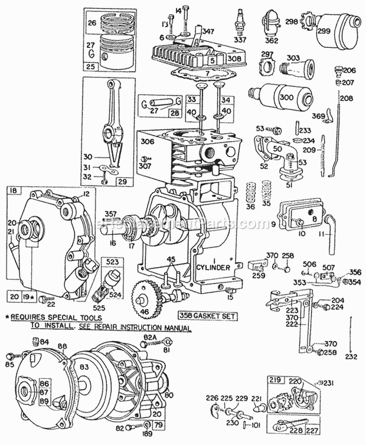 CylinderCrankcaseGear Case Diagram and Parts List for 060301-0013-99  Briggs and Stratton Engine